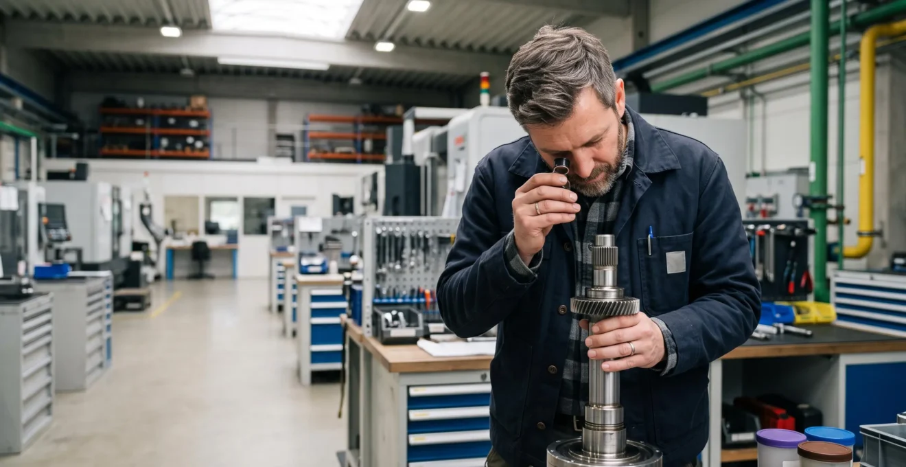 Ingénieur inspectant une pièce de précision dans un atelier industriel baigné de lumière naturelle, symbole de fiabilité et de confiance