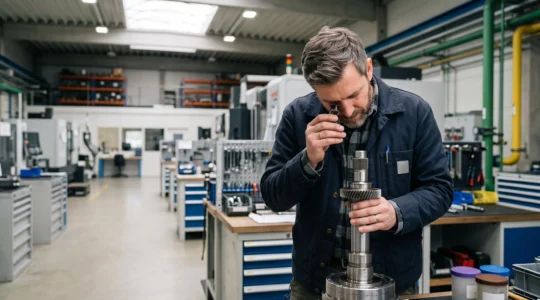 Ingénieur inspectant une pièce de précision dans un atelier industriel baigné de lumière naturelle, symbole de fiabilité et de confiance