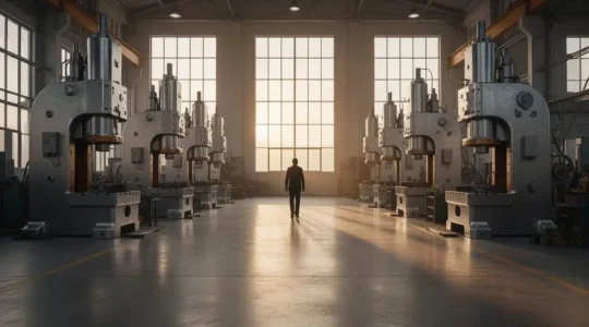 Vue large d'un atelier de production industriel moderne et bien organisé, illustrant la réduction des temps morts