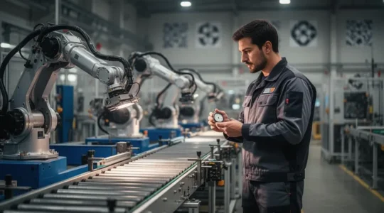 Responsable d'atelier observant une ligne de production industrielle pour détecter les pertes de performance cachées