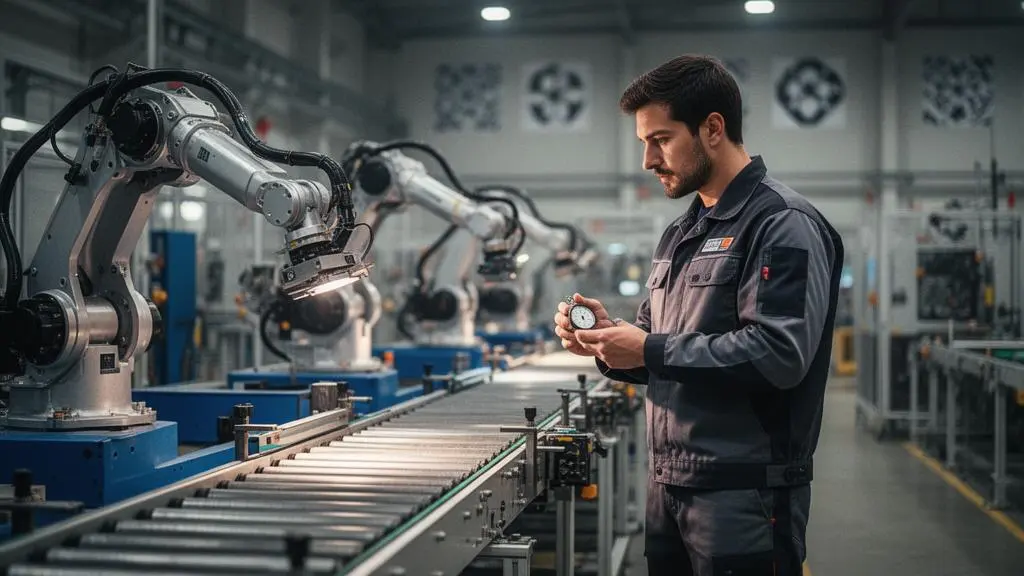 Responsable d'atelier observant une ligne de production industrielle pour détecter les pertes de performance cachées