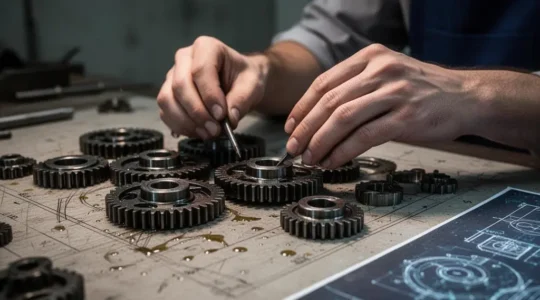 Vue symbolique d'un plan technique de machine industrielle en cours de conception, symbolisant la rencontre entre besoin fonctionnel et solution technique
