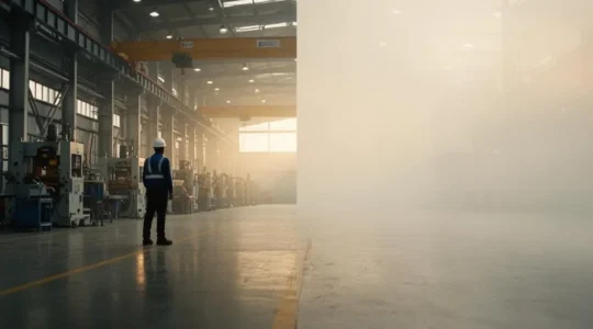 Ingénieur industriel observant une ligne de production s'étendant vers un horizon lumineux, symbolisant une feuille de route à long terme