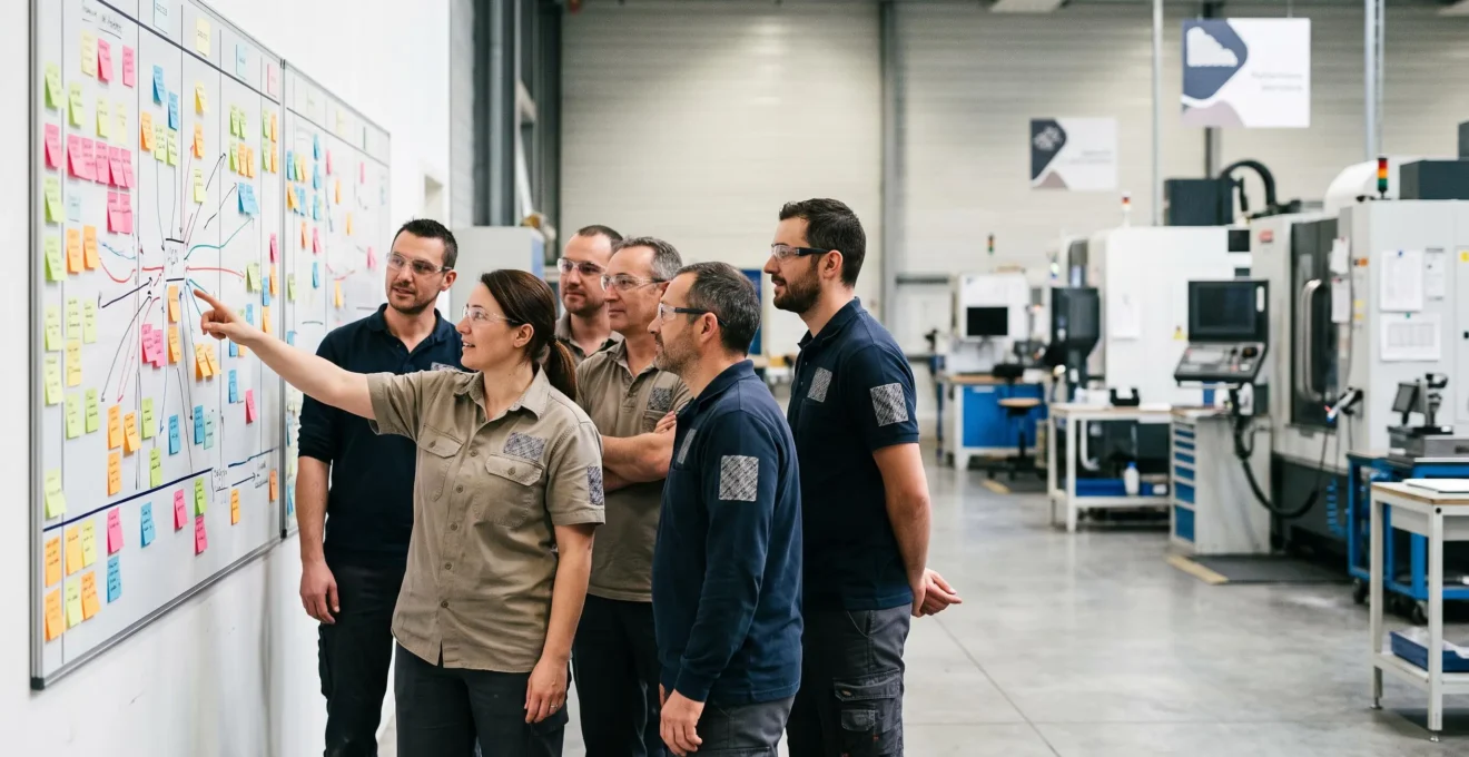 Equipe industrielle française collaborant autour d'un tableau de pilotage qualite dans un atelier de production moderne