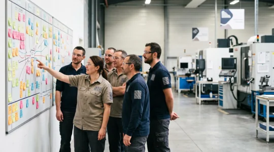 Equipe industrielle française collaborant autour d'un tableau de pilotage qualite dans un atelier de production moderne