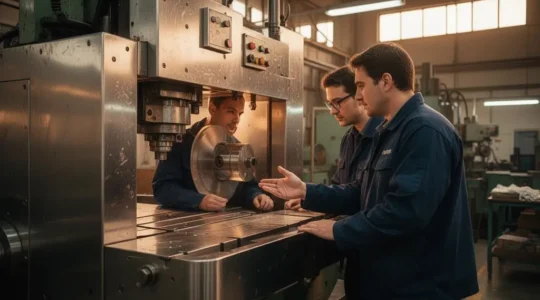 Un dirigeant industriel et un consultant externe examinant ensemble une ligne de production dans un atelier moderne