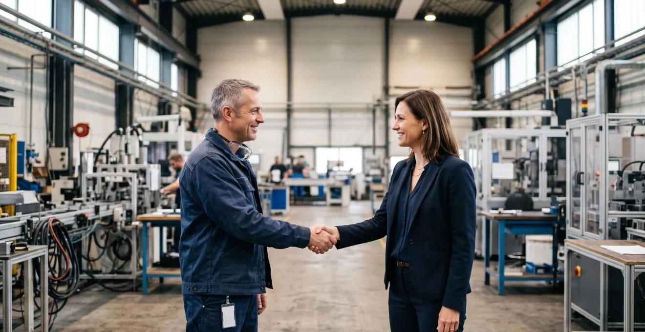 Poignée de main entre deux professionnels de l'industrie devant une ligne de production, symbolisant la confiance retrouvée après un incident qualité