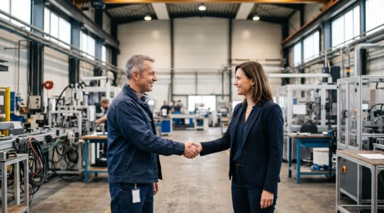 Poignée de main entre deux professionnels de l'industrie devant une ligne de production, symbolisant la confiance retrouvée après un incident qualité