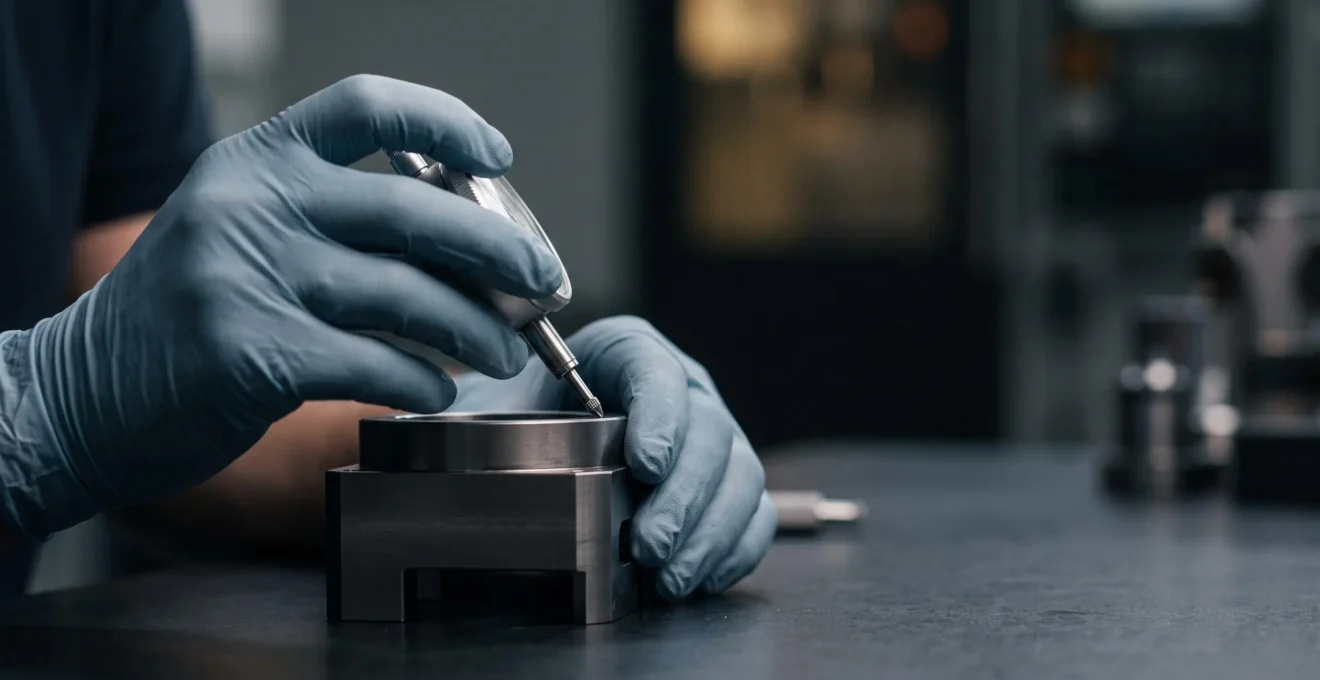 Inspecteur qualité examinant avec précision une pièce industrielle avant son expédition finale