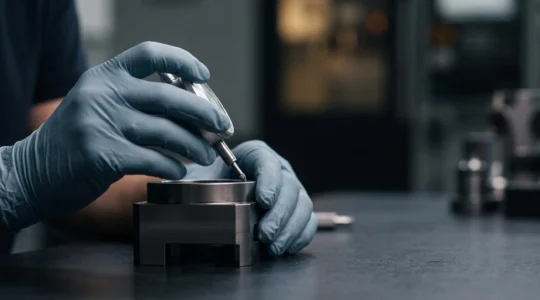 Inspecteur qualité examinant avec précision une pièce industrielle avant son expédition finale