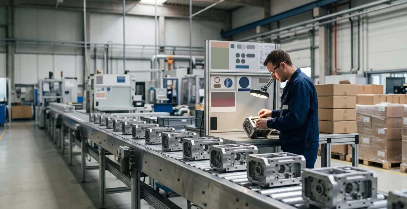 Vue d'ensemble d'une ligne de production industrielle avec un point de contrôle qualité juste avant l'expédition des produits