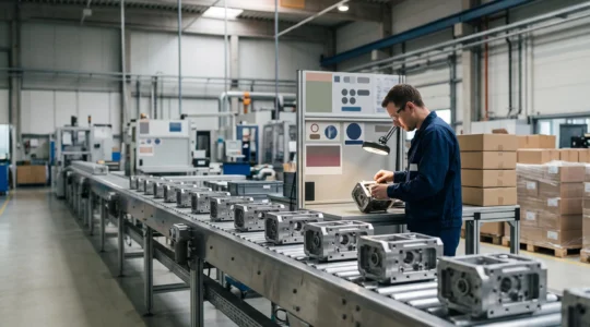 Vue d'ensemble d'une ligne de production industrielle avec un point de contrôle qualité juste avant l'expédition des produits