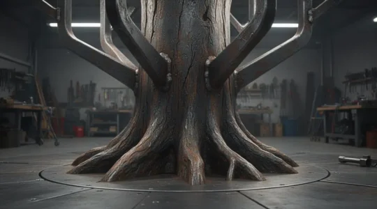 Arbre industriel symbolique avec un tronc unique robuste se ramifiant en plusieurs branches solides, illustrant la diversification a partir d'une expertise commune