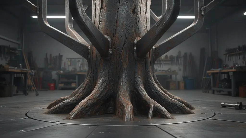 Arbre industriel symbolique avec un tronc unique robuste se ramifiant en plusieurs branches solides, illustrant la diversification a partir d'une expertise commune