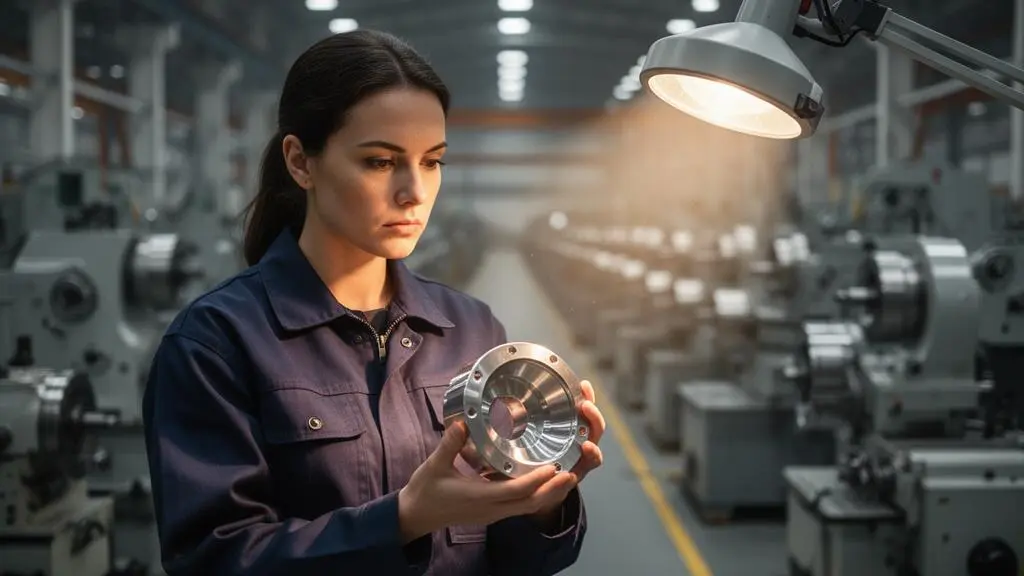 Ingenieur qualite examinant une piece industrielle sous une lumiere ciblee dans un atelier de production