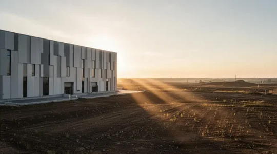 Vue large d'un site industriel en bordure d'un territoire ouvert, symbolisant l'expansion geographique