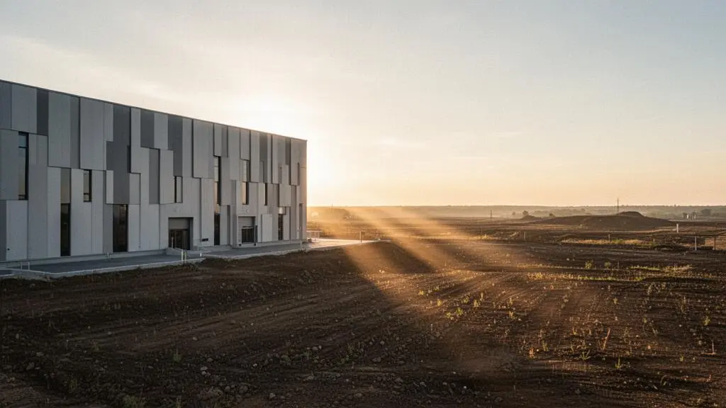 Vue large d'un site industriel en bordure d'un territoire ouvert, symbolisant l'expansion geographique