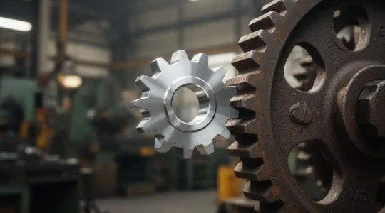Deux engrenages industriels de tailles et de finitions différentes s'apprêtant à s'imbriquer, symbolisant la fusion des compétences lors d'une acquisition industrielle