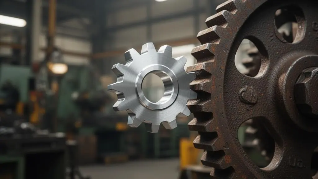 Deux engrenages industriels de tailles et de finitions différentes s'apprêtant à s'imbriquer, symbolisant la fusion des compétences lors d'une acquisition industrielle