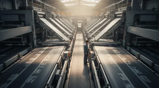 Vue d'ensemble d'une ligne de production industrielle avec un point de passage plus étroit symbolisant le goulot d'étranglement qui limite toute la capacité.