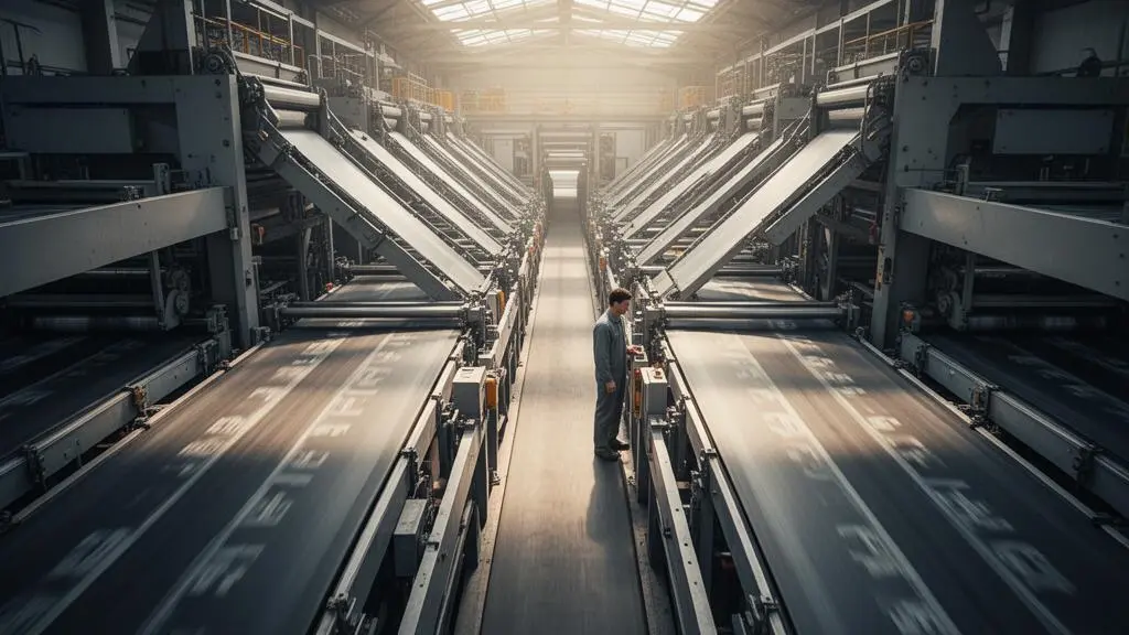 Vue d'ensemble d'une ligne de production industrielle avec un point de passage plus étroit symbolisant le goulot d'étranglement qui limite toute la capacité.