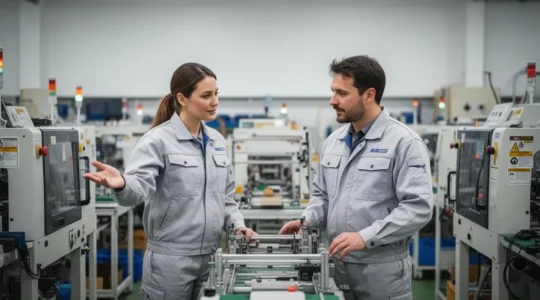 Equipe d'atelier collaborant autour d'une ligne de production optimisee selon les principes du lean manufacturing