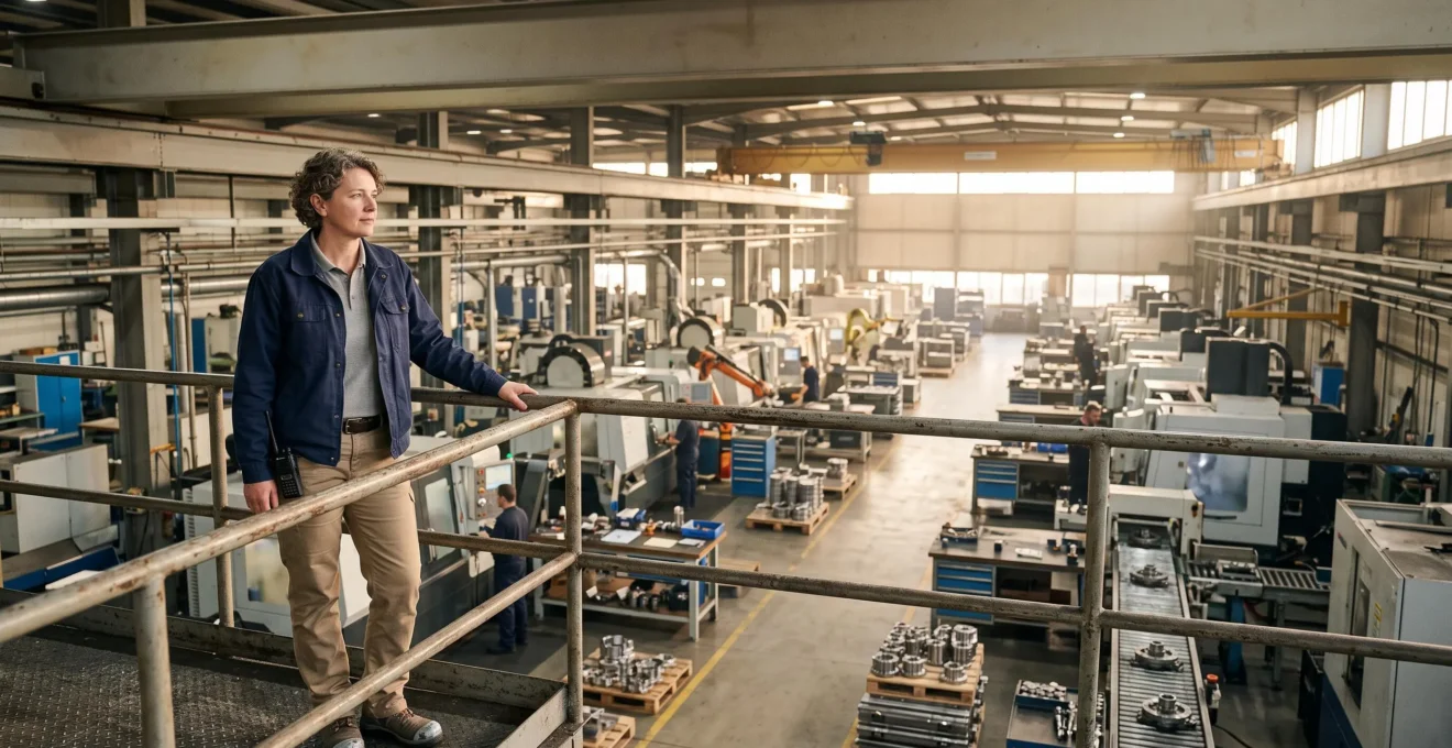 Dirigeant industriel observant une ligne de production moderne symbolisant le pilotage par un ERP