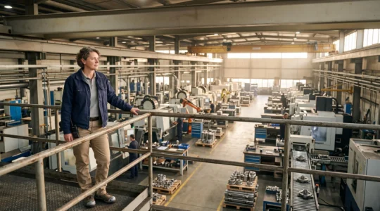 Dirigeant industriel observant une ligne de production moderne symbolisant le pilotage par un ERP