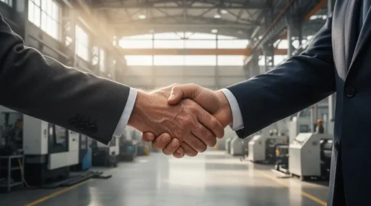 Poignee de main symbolisant un partenariat industriel durable entre deux professionnels dans une usine moderne