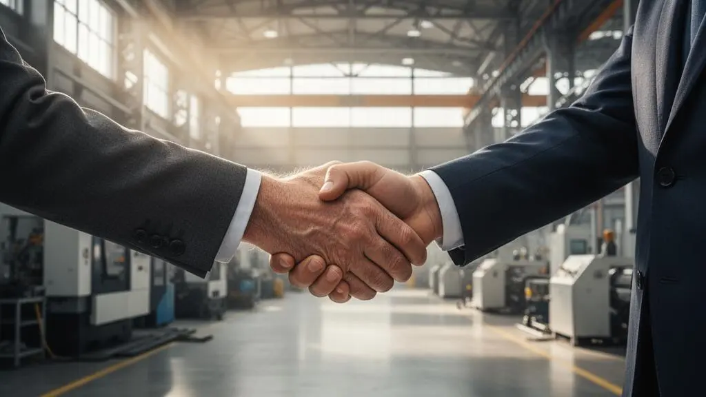Poignee de main symbolisant un partenariat industriel durable entre deux professionnels dans une usine moderne