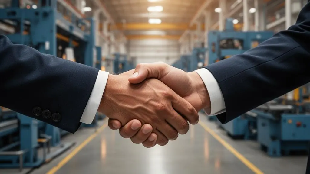 Poignee de main entre deux professionnels dans un atelier industriel symbolisant la confiance de marque en BtoB