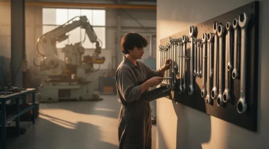 Opérateur ajustant l'organisation de son poste de travail dans un atelier industriel lumineux, symbole d'amélioration de la productivité sans gros investissement