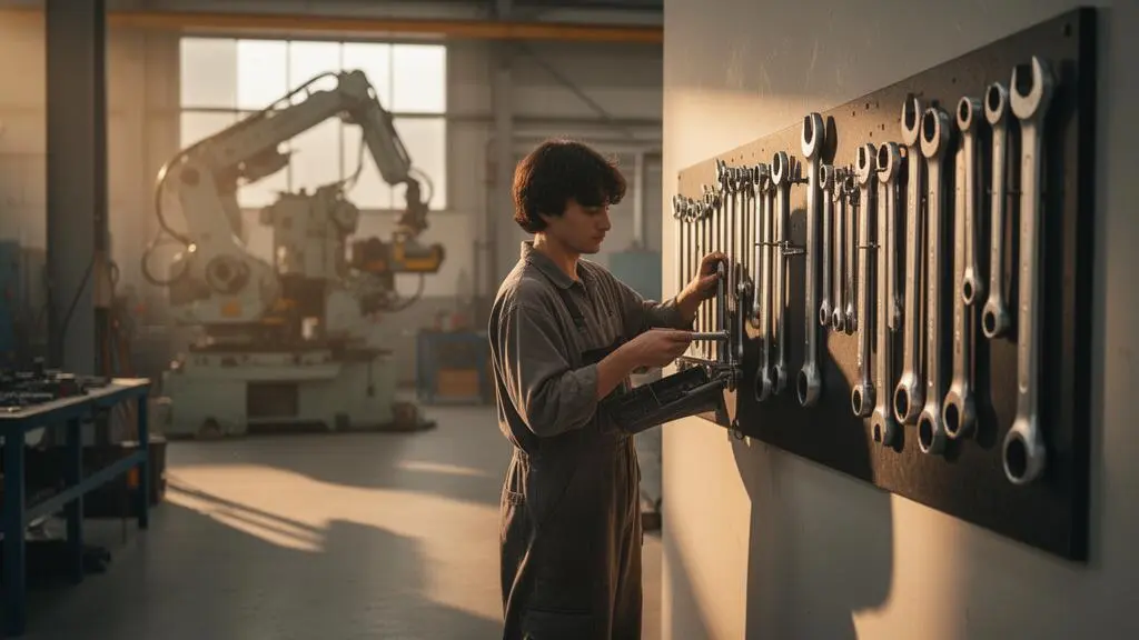 Opérateur ajustant l'organisation de son poste de travail dans un atelier industriel lumineux, symbole d'amélioration de la productivité sans gros investissement