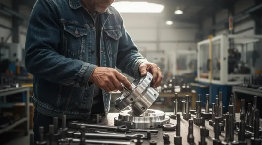 Vue d'ensemble d'un atelier industriel réorganisé avec des postes de travail fluides et un opérateur concentré sur sa tâche