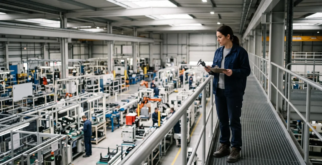 Inspecteur qualite observant une ligne de production industrielle depuis un poste de supervision independant