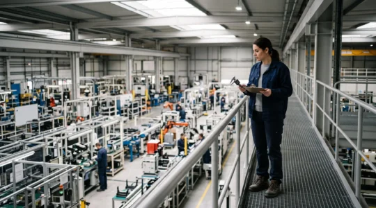 Inspecteur qualite observant une ligne de production industrielle depuis un poste de supervision independant