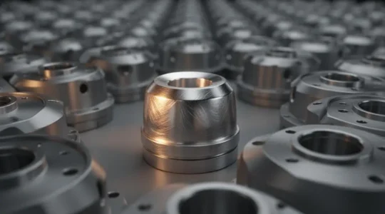 Une pièce industrielle métallique se distinguant par sa forme parmi une rangée de composants identiques sur une chaîne de production