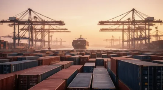 Vue d'ensemble d'un port industriel au lever du jour illustrant la résilience de la chaîne logistique face aux ruptures d'approvisionnement