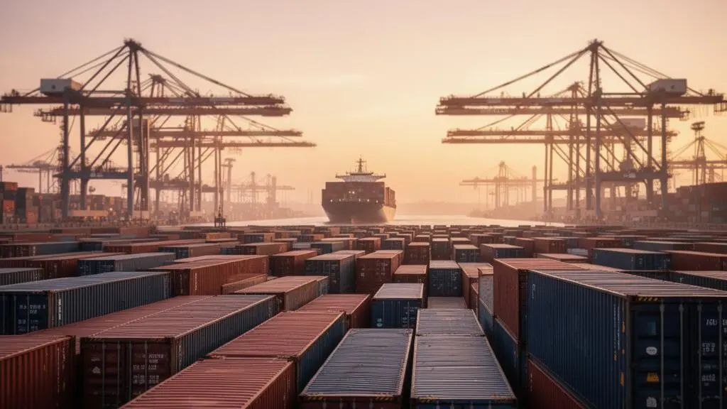 Vue d'ensemble d'un port industriel au lever du jour illustrant la résilience de la chaîne logistique face aux ruptures d'approvisionnement