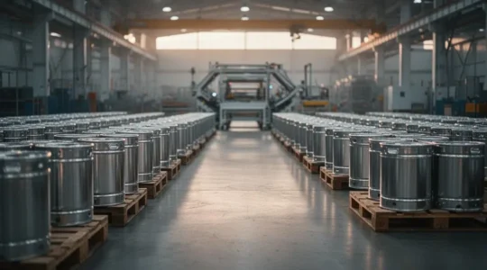 Vue d'ensemble d'une ligne de production industrielle synchronisée avec des flux de composants organisés