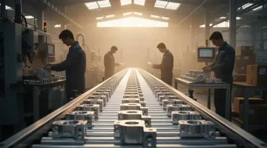 Vue large d'un atelier industriel moderne où machines, operateurs et flux de matieres avancent de maniere parfaitement synchronisee