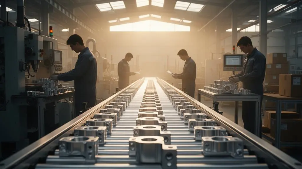 Vue large d'un atelier industriel moderne où machines, operateurs et flux de matieres avancent de maniere parfaitement synchronisee