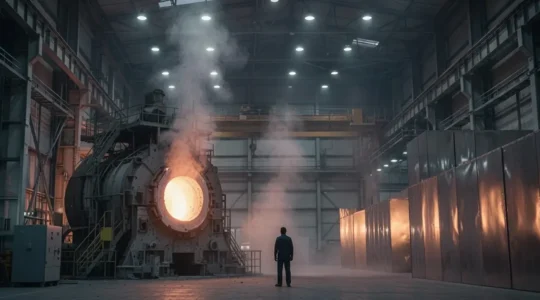 Opérateur industriel expérimenté observant une machine ancienne partiellement modernisée par des capteurs connectés dans une usine au petit matin