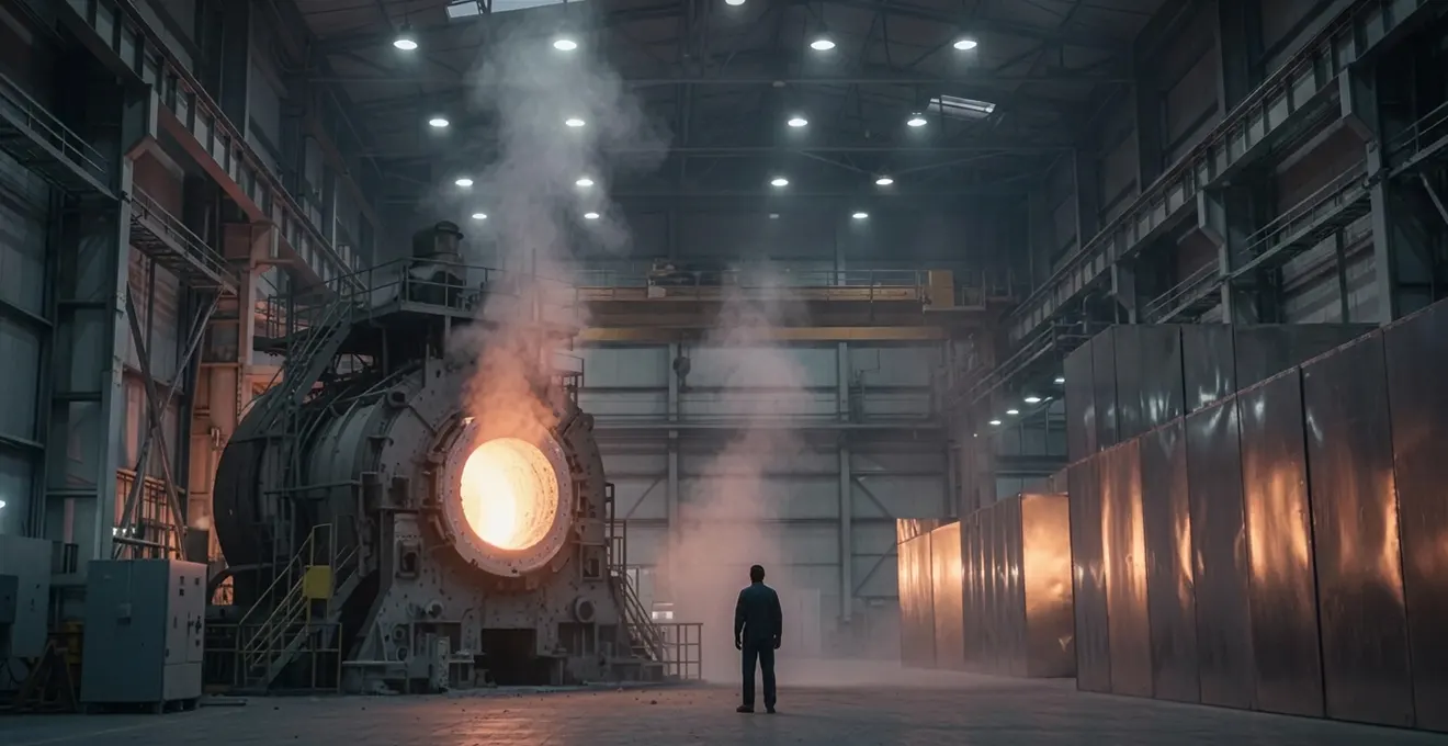 Opérateur industriel expérimenté observant une machine ancienne partiellement modernisée par des capteurs connectés dans une usine au petit matin