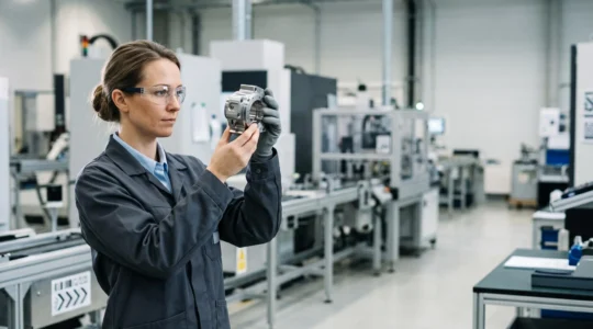 Technicien scannant un composant industriel pour retrouver instantanément l'origine d'un défaut de production