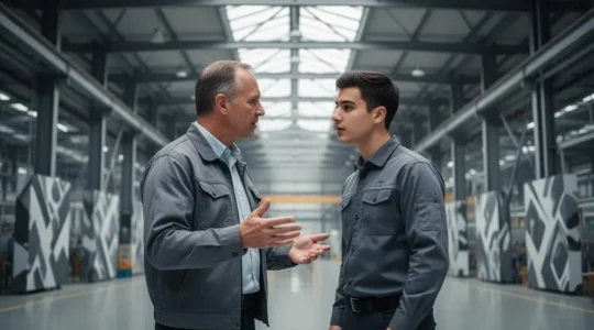Un dirigeant et un manager de proximite echangent sur une ligne de production, symbolisant la traduction d'une strategie d'entreprise en actions concretes pour les equipes.