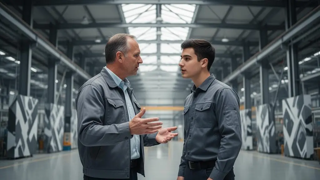 Un dirigeant et un manager de proximite echangent sur une ligne de production, symbolisant la traduction d'une strategie d'entreprise en actions concretes pour les equipes.