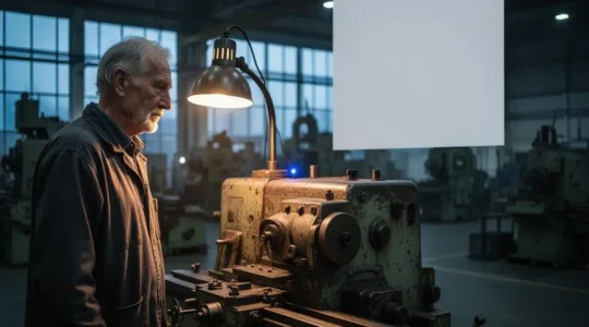 Opérateur industriel expérimenté observant une machine ancienne partiellement modernisée par des capteurs connectés dans une usine au petit matin