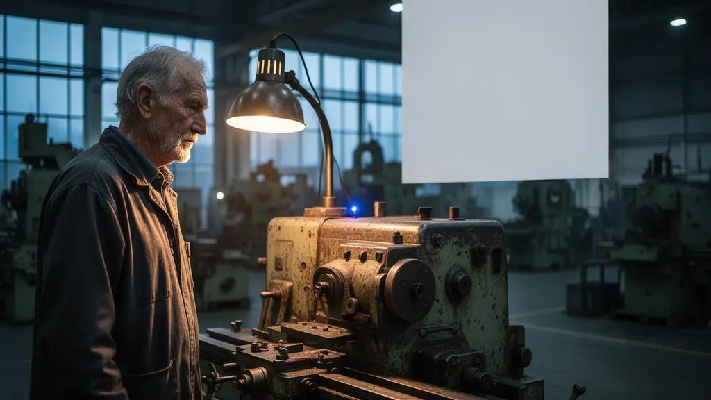 Opérateur industriel expérimenté observant une machine ancienne partiellement modernisée par des capteurs connectés dans une usine au petit matin