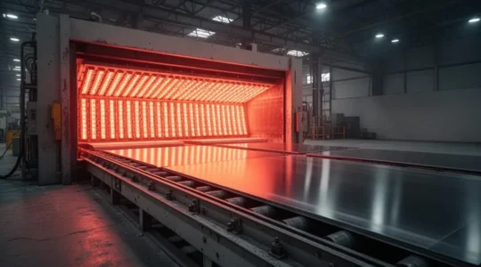 Vue large d'un tunnel de chauffage infrarouge industriel diffusant une chaleur rouge homogène sur une ligne de production métallique